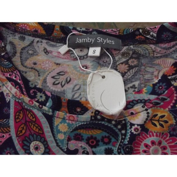 Jamby Tunic Top Womens Size Small Blue Pink Paisley Floral Print shirt Artzy - Picture 3 of 11